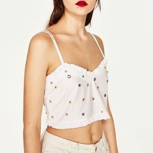 Zara White Floral Beaded Cropped Ruffle Tank Top Size M
